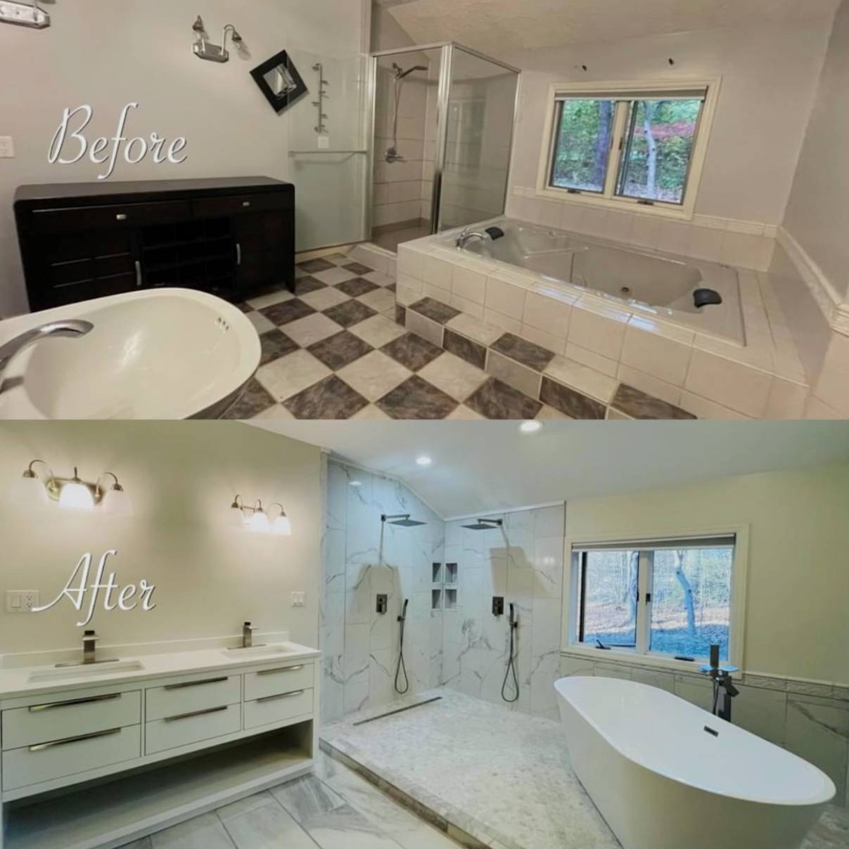 Modern floor to ceiling tiles, inset shower shelving in Bathroom Renovation in Plantation, Florida
